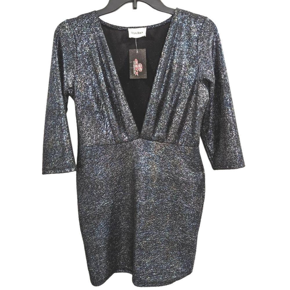 Style Rack Black silver blue metallic splatter plunge 3/4 sleeve mini dress M